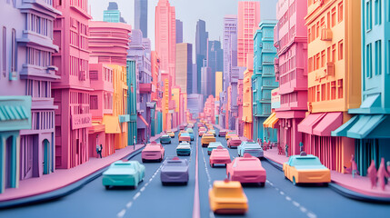 A busy Bangkok city street, packed with cars in a traffic jam, vivid colors and minimal paper cut craft style,.vibrant paper cut craft buildings, cars lined up, all in a minimal and colorful aesthetic