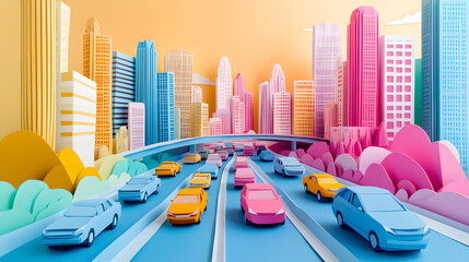 A busy Bangkok city street, packed with cars in a traffic jam, vivid colors and minimal paper cut craft style,.vibrant paper cut craft buildings, cars lined up, all in a minimal and colorful aesthetic
