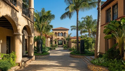 Fototapeta premium A cobblestone pathway lined with lush greenery and palm trees leads to an ornate doorway of a Mediterranean style mansion.