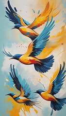 Obraz premium Abstract image of seven birds in flight, with flowing, sweeping brushstrokes, bright paint splashes, and textured oil painting style. Large strokes and dynamic movement depict freedom and harmony
