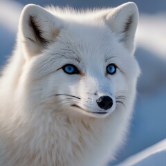 Arctic fox blending into a snowy landscape with a piercing blue gaze
