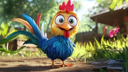 A cheerful cartoon chicken with wide eyes and colorful feathers, standing in a farmyard, ready for some whimsical fun
