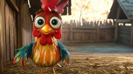 A cheerful cartoon chicken with wide eyes and colorful feathers, standing in a farmyard, ready for some whimsical fun