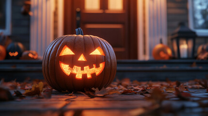 Halloween pumpkin with a carved face placed in front of a house door