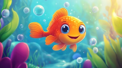 A cute cartoon fish with a big smile, surrounded by bubbles and aquatic plants, swimming in a bright, playful ocean world