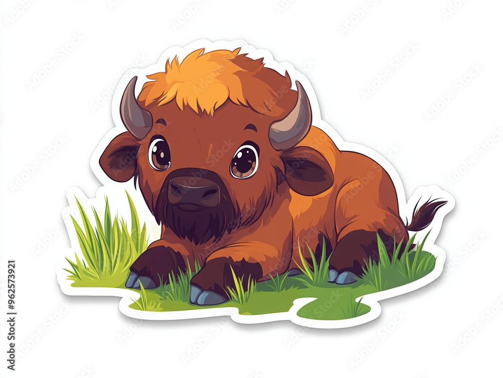 Wall mural bison buffalo cute animal cartoon character wildlife grass baby bison grazing nature illustration pl