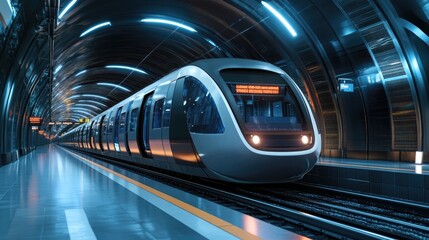 Fototapeta premium A futuristic subway train pulls into a modern station, symbolizing innovation and progress in public transportation systems