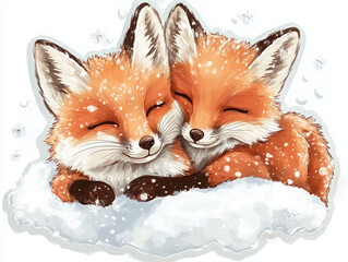 fox cute winter snow animal cartoon orange fur nature wildlife duo sleeping fluffy illustration adorable chilly pair friends snuggly cozy happy character 