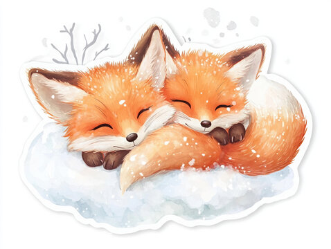 Fototapeta fox animals cute winter snow adorable furry friends cartoon nature wildlife love cozy couple playful orange twosome illustration characters forest snuggled 