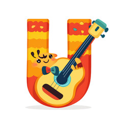 Playful cartoon letter 'U' with a cheerful character playing a guitar, perfect for children's education and music themes.