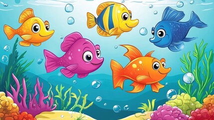 Naklejka premium A group of cartoon fish with lively personalities, swimming in a colorful sea filled with coral and seaweed, perfect for kids