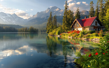 Fototapeta premium A house sits on a lake with mountains in the background. The house is surrounded by a lush green garden and the water is calm and clear. The scene is peaceful and serene, with the house