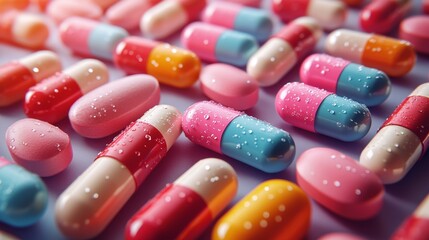 Colorful pills and vitamins of various sizes and shapes. Arranged in a beautiful pattern Shows the diversity of medical care