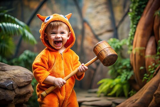 A happy-go-lucky, dim-witted but lovable caveman's little son, clad in a orange dinosaur onesie, wields a giant mallet with a toothy grin in a prehistoric setting.
