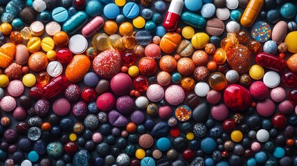 Fototapeta premium Colorful pills and vitamins of various sizes and shapes. Arranged in a beautiful pattern Shows the diversity of medical care