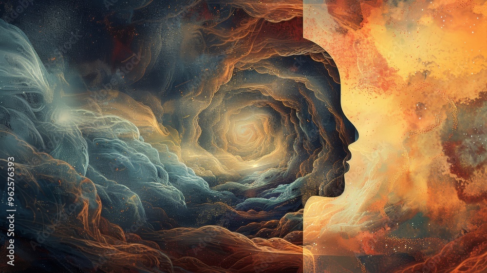 Wall mural Cosmic Consciousness: Psychedelic Journey into the Mind - A surreal and captivating illustration depicts a cosmic consciousness, a human profile surrounded by vibrant, swirling energy and psychedelic 