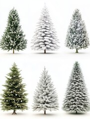Obraz premium Six Christmas Trees in Different Styles and Types on a Plain White Background, Featuring High-Quality Designs in Neutral Tones