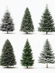 Fototapeta premium Six Christmas Trees in Different Styles and Types on a Plain White Background, Featuring High-Quality Designs in Neutral Tones
