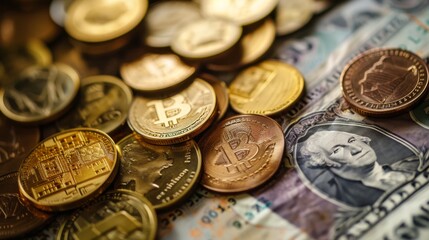 Close-up of Bitcoin coins placed on US dollar bills, symbolizing the growing influence of cryptocurrencies in the traditional financial system. Ideal for illustrating the convergence of digital and