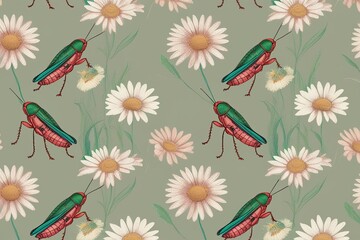 Pastel Illustration of Ethereal Daisies and Grasshoppers Pattern Design