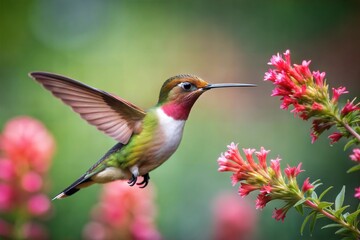 Fototapeta premium Colorful hummingbird hovering near red flowers in vibrant green garden