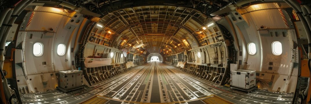 Panoramic view of the expansive cargo opening at the front section of a Jumbo Jet freighter's main level, showcasing the fully extended nose cargo hatch. - Powered by Adobe