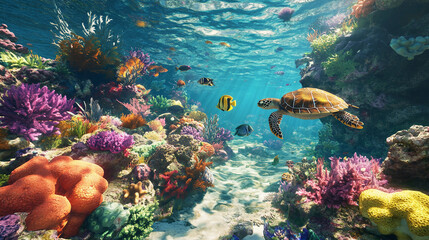 A colorful coral reef with a turtle swimming in the middle. The scene is vibrant and lively, with a variety of fish and other sea creatures swimming around. The turtle is the focal point of the image