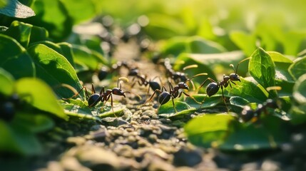Obraz premium Macro shot of ants marching on a leaf-strewn path, with the vibrant green leaves contrasting against the dark forms of the ants
