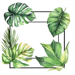 Obraz premium Watercolor Painted Leaves Surrounding a Simple Black Line Frame, Featuring Soft and Elegant Botanical Elements in a Minimalist Design