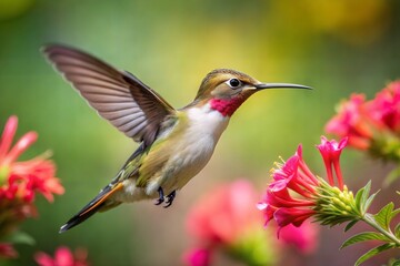 Fototapeta premium Close-up shot of hummingbird feeding on red flowers in lush green garden