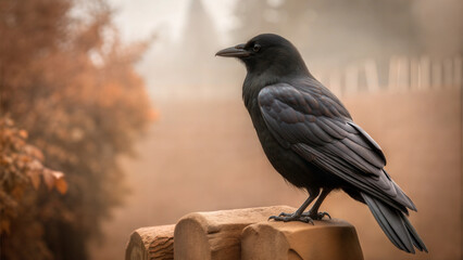Obraz premium Black crow perched on wooden post in misty autumn forest for eerie atmosphere