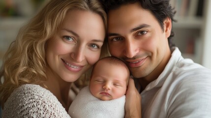 Fototapeta premium Loving Caucasian Parents with Newborn Baby in Soft Natural Lighting Embracing Neutral Tones