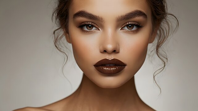Close-up beautiful young attractive woman with stylish dark brown lipstick, sensual girl wearing stunning color makeup, flirty radiant female confident look beautiful womanly and feminine cosmetics