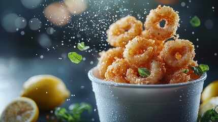 A bowl of fried food with a sprinkle of salt and pepper