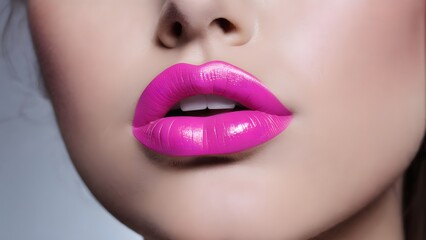 Obraz premium Close-up beautiful attractive woman with bright hot pink lipstick on lips, sensual girl wearing stunning color makeup, flirty radiant female confident look beautiful womanly and feminine cosmetics