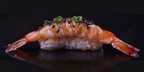 Sushi featuring black tiger prawns as the main topping