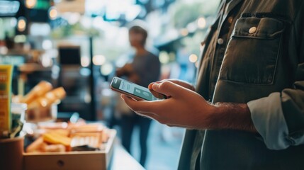 Man Using Smartphone at a Market