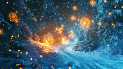 Obraz premium Snowy Forest Path Illuminated by Glowing Spirals