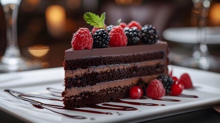 Chocolate Cake with Berries and Chocolate Sauce