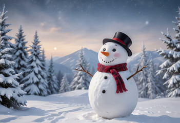 Fototapeta premium Smiling Snowman with Hat and Scarf Standing in Snowy Landscape