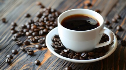 Fototapeta premium Cup of Coffee with Coffee Beans on Wooden Table