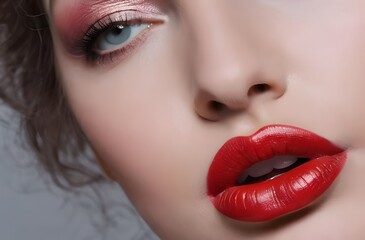 Naklejka premium Close-up beautiful young attractive woman with super bright red hot lipstick, sensual girl wearing stunning color makeup, flirty radiant female confident look beautiful womanly and feminine cosmetics