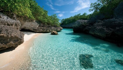 Secluded Tropical Cove with Clear Turquoise Waters and White Sand Beach