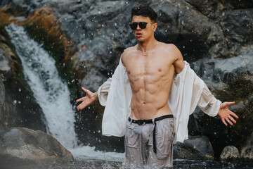 Young man with wet shirt and sunglasses standing confidently in front of a waterfall, showing off...