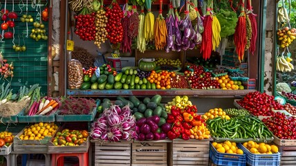 Obraz premium Fresh Produce Stall Overflowing with Vibrant Colors