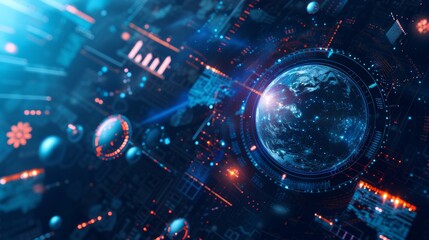 High-tech digital representation of Earth in a network environment, filled with data lines and abstract elements. The blue and red hues emphasize the advanced, futuristic theme.