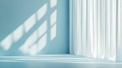 Fototapeta premium A minimalist interior with a light blue wall, soft curtains, and shadows, creating an elegant setting for product display