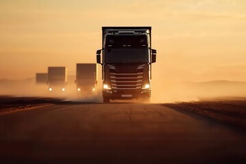 Silhouette of cargo trucks driving down a road at dusk, with a manager overseeing transportation flow, silhouette trucks driving, logistics transportation operations