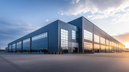 Obraz premium A modern, empty commercial warehouse with a wide open yard, showcasing the large space for efficient shipping and logistics operations