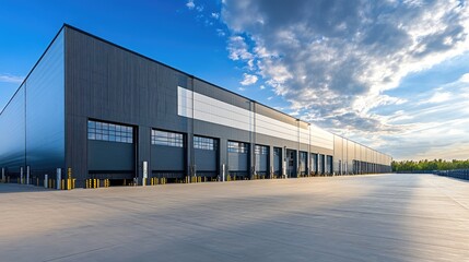 Obraz premium A modern, empty commercial warehouse with a wide open yard, showcasing the large space for efficient shipping and logistics operations